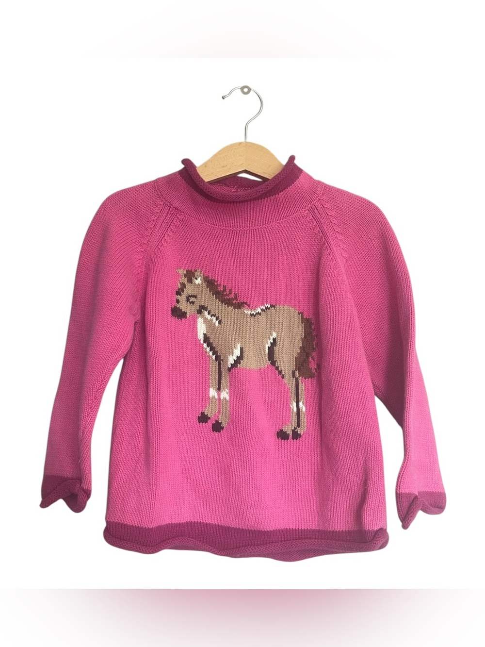 VTG L.L. Bean Girls Bright Pink Horse Intarsia Sweater
